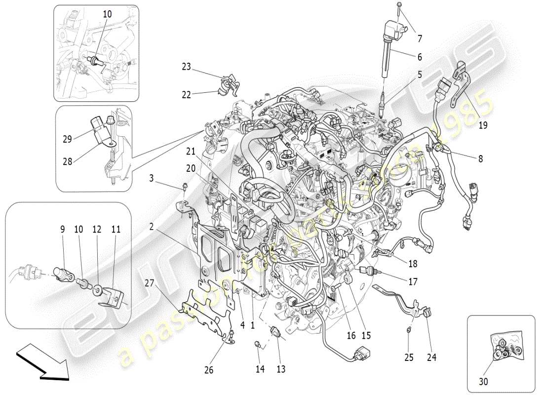 maserati ghibli (2021) commande électronique : diagramme des pièces de commande d'injection et de synchronisation du moteur