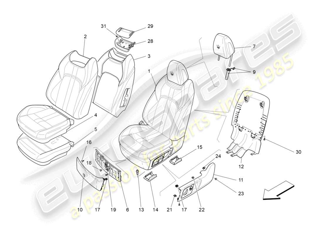 maserati levante modena (2022) sièges avant : diagramme de pièces des panneaux de garniture