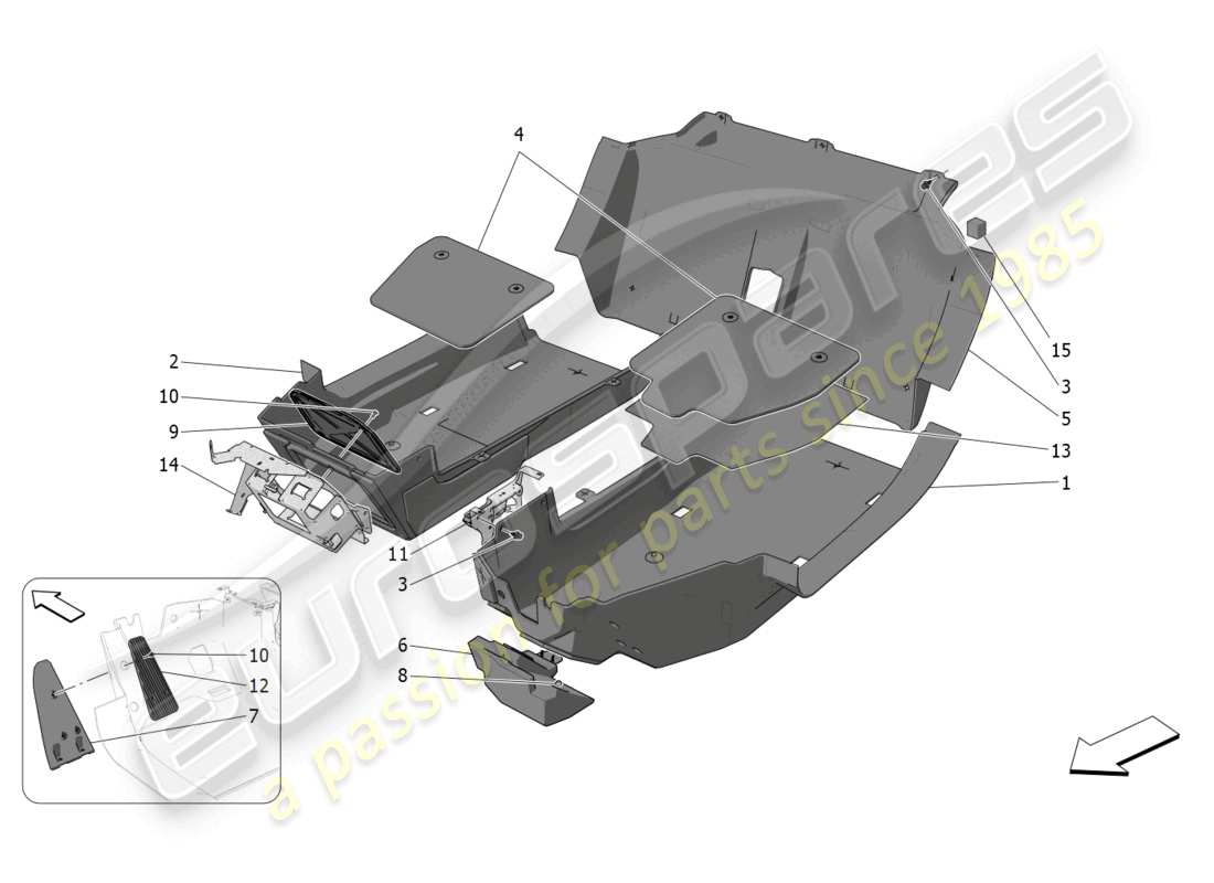 maserati mc20 (2023) tapis d'habitacle schéma des pièces