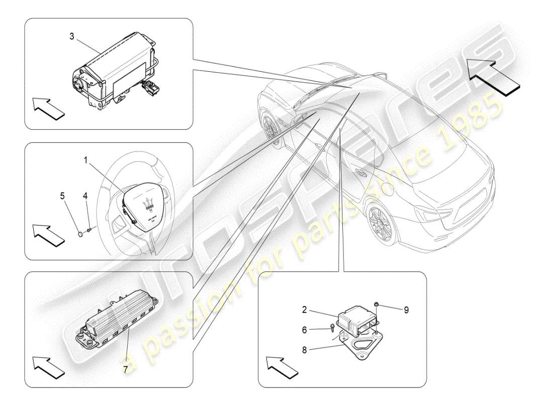 maserati ghibli (2019) schéma des pièces du système d'airbag frontal