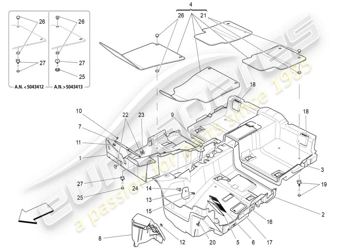 maserati ghibli (2020) tapis pour habitacle passagers schéma des pièces