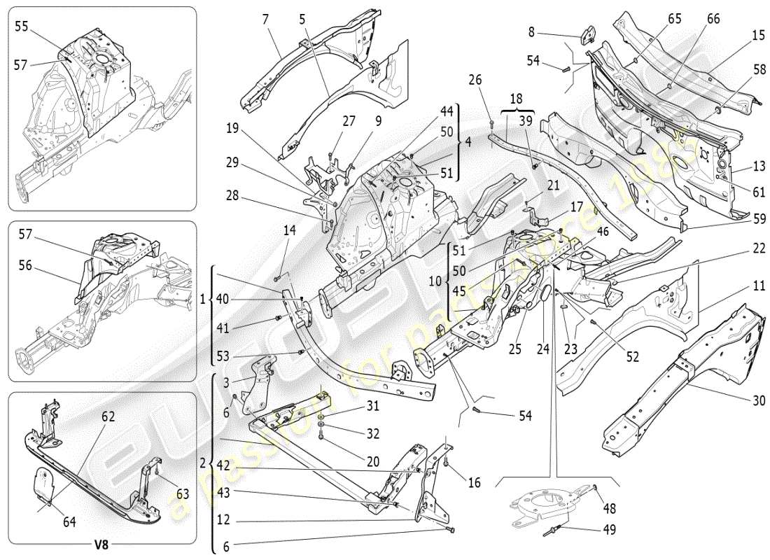 maserati ghibli (2019) schéma des pièces des cadres structurels avant et des panneaux en tôle