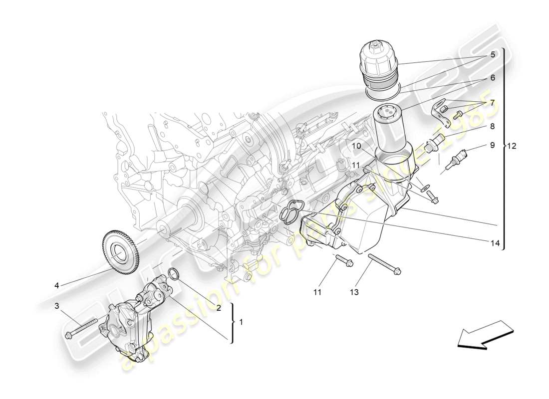 maserati ghibli (2017) système de lubrification : diagramme des pièces de la pompe et du filtre
