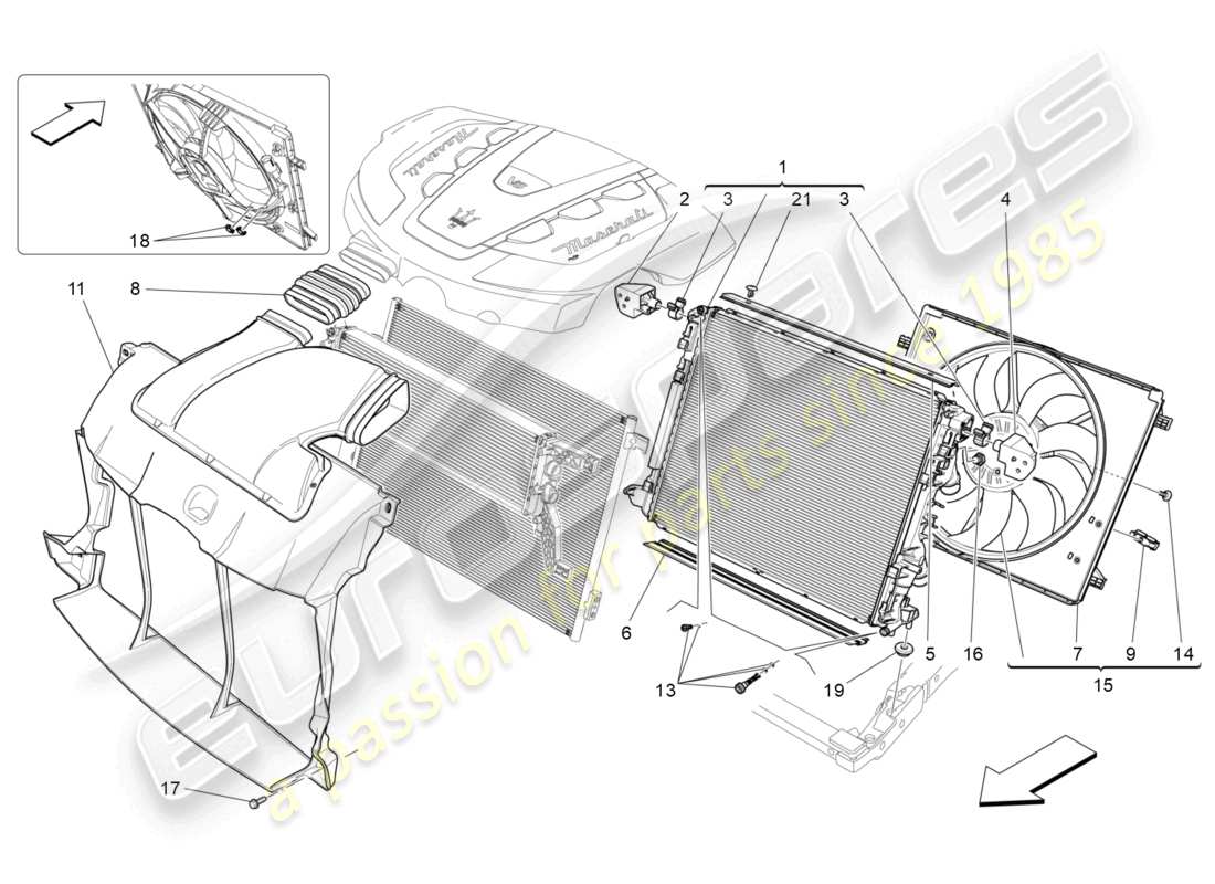 maserati ghibli (2018) refroidissement : diagramme de pièces des radiateurs et des conduits d'air