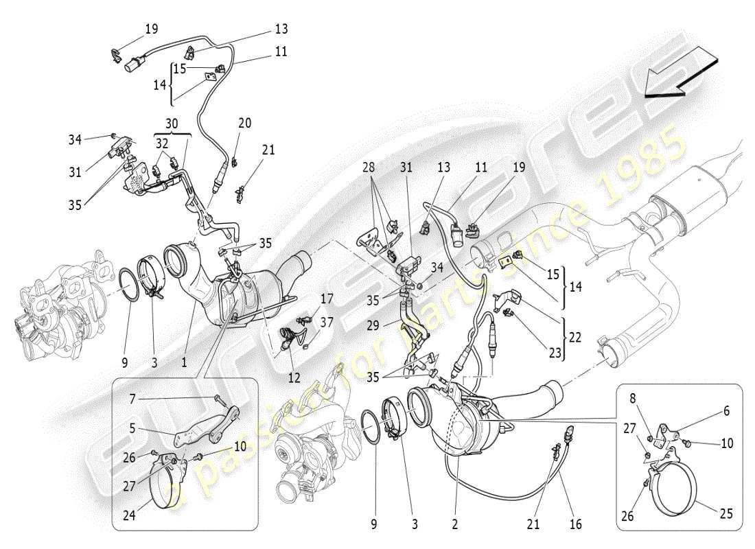 maserati ghibli (2019) diagramme des pièces des convertisseurs pré-catalytiques et des convertisseurs catalytiques