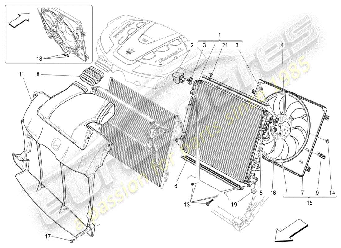 maserati ghibli (2019) refroidissement : diagramme de pièces des radiateurs et des conduits d'air