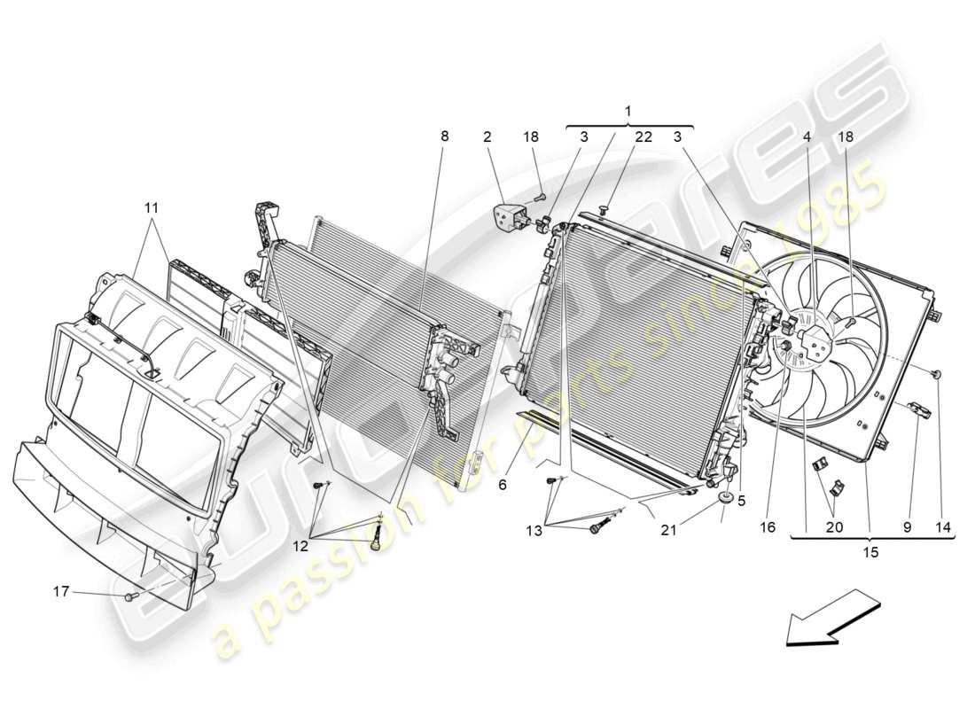 maserati levante modena (2022) refroidissement : diagramme de pièces des radiateurs et des conduits d'air