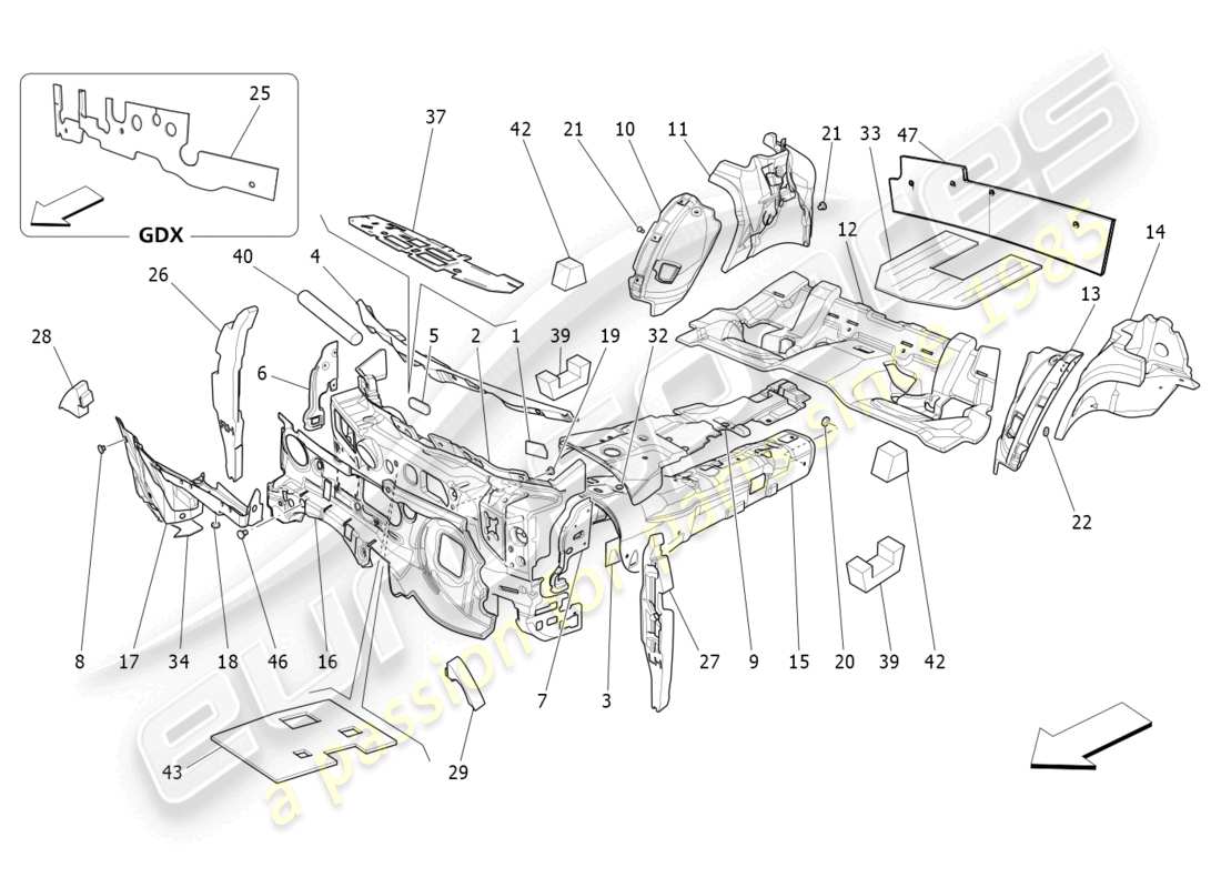 maserati ghibli (2015) panneaux d'insonorisation à l'intérieur du véhicule schéma des pièces