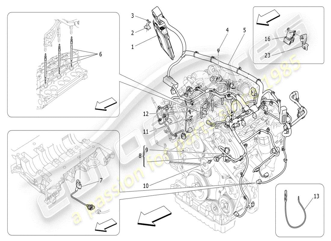 maserati ghibli (2019) commande électronique : diagramme des pièces de commande d'injection et de synchronisation du moteur