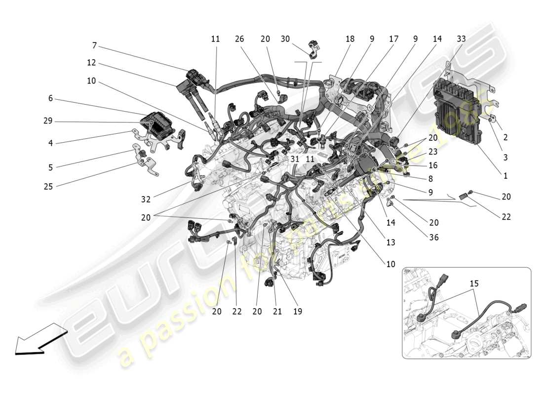 maserati grecale trofeo (2023) commande électronique : diagramme des pièces de commande d'injection et de synchronisation du moteur