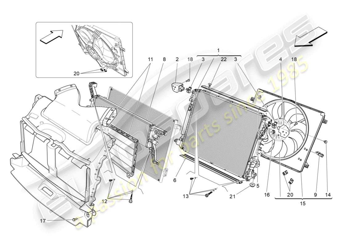 maserati quattroporte (2018) refroidissement : diagramme de pièces des radiateurs et des conduits d'air