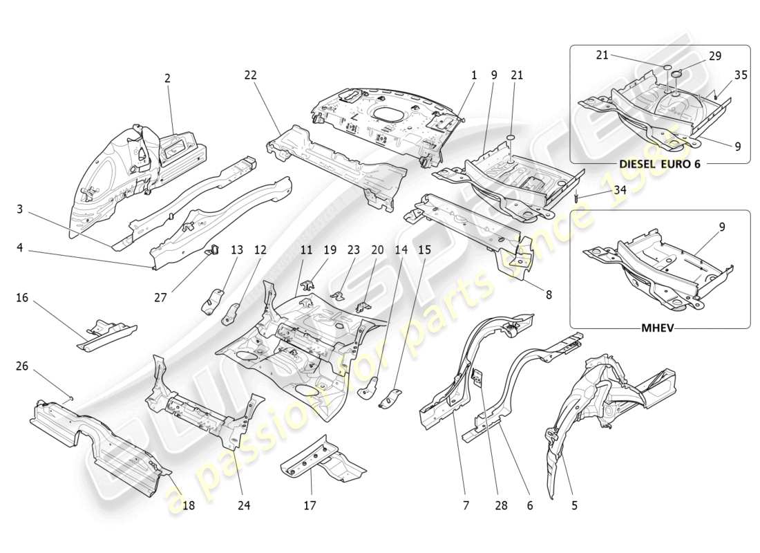 maserati ghibli fragment (2022) schéma des pièces des cadres structurels arrière et des panneaux en tôle
