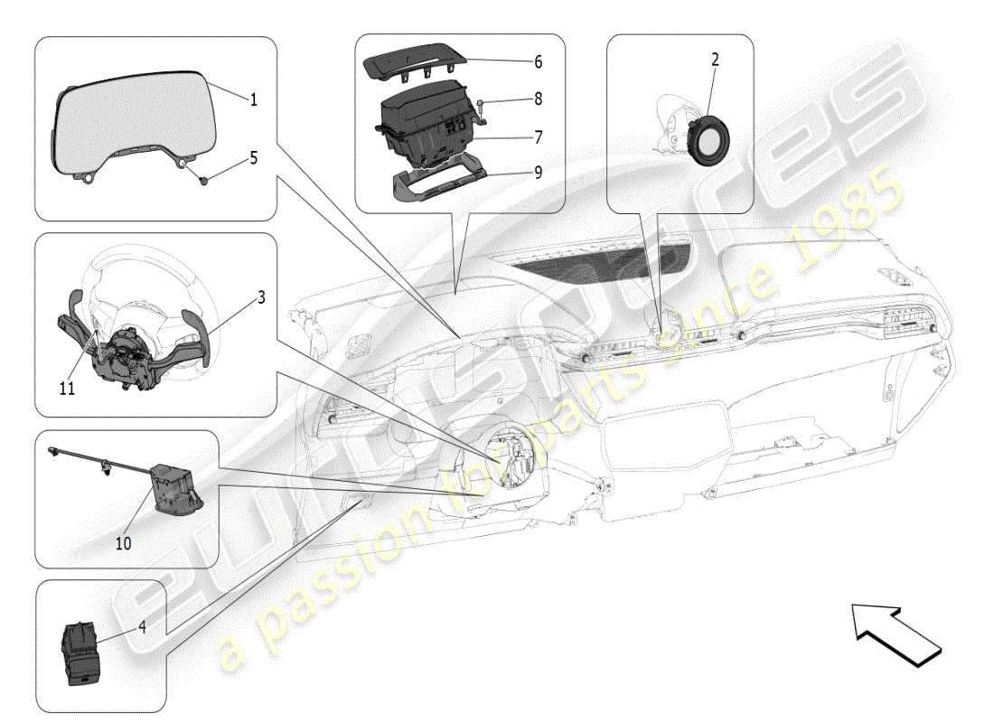 maserati grecale modena (2023) dispositifs de tableau de bord schéma des pièces