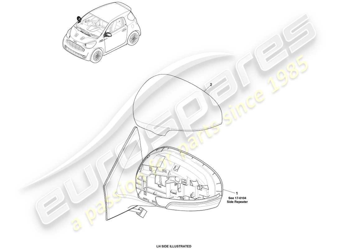 aston martin cygnet (2012) verre de rétroviseur extérieur schéma des pièces