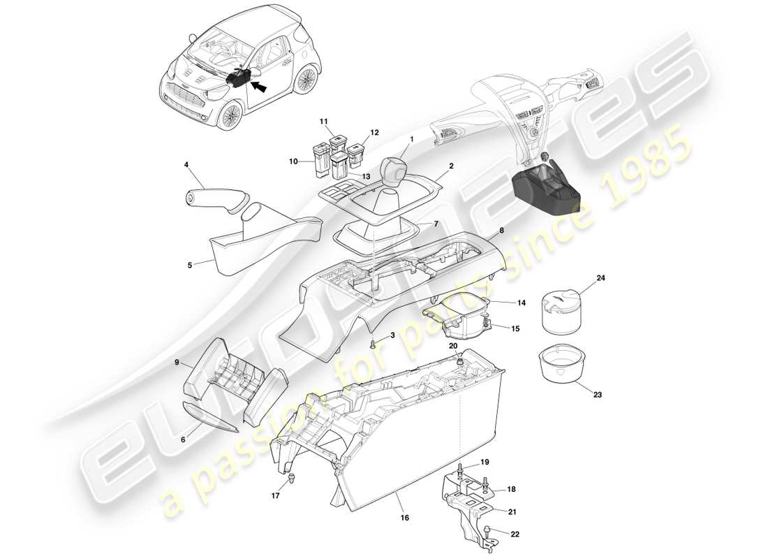 aston martin cygnet (2012) console centrale au sol - schéma des pièces manuelles