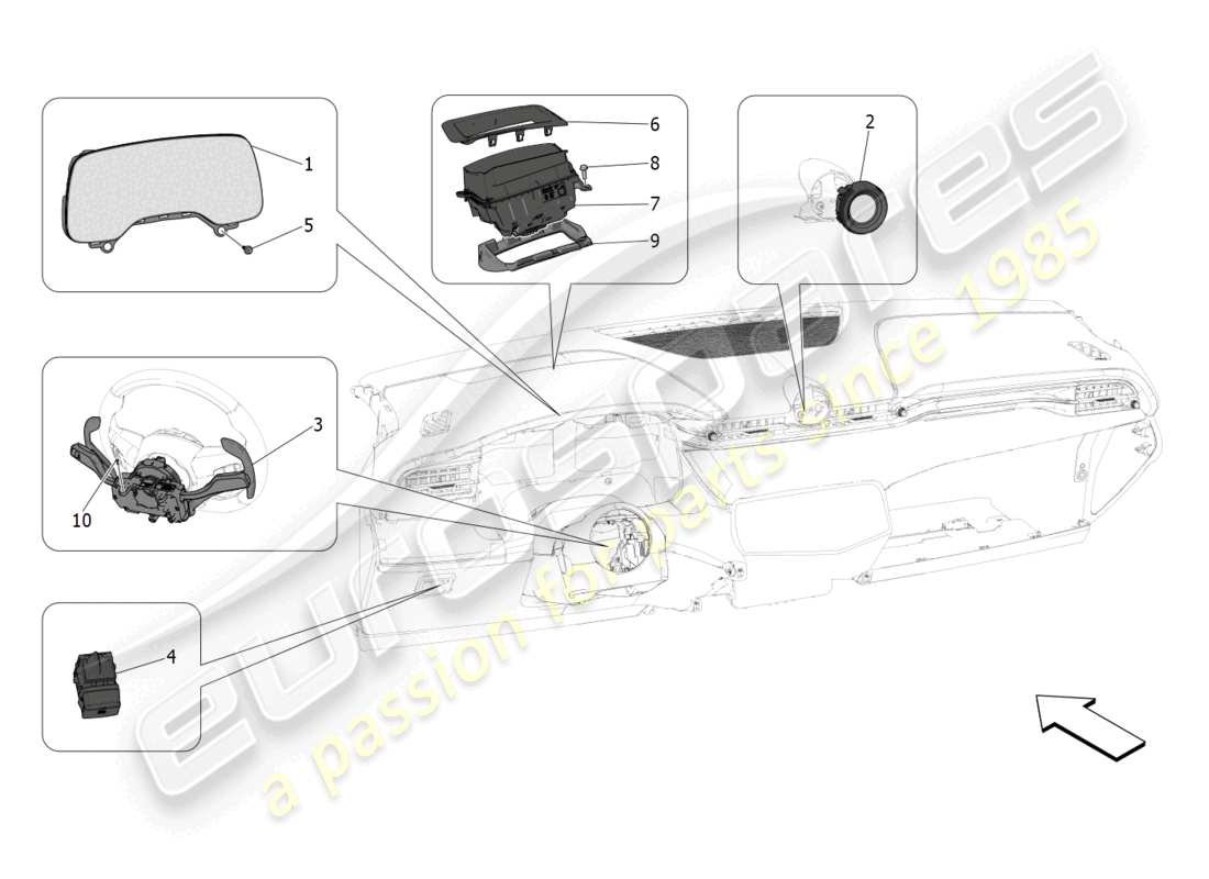 maserati grecale gt (2023) dispositifs de tableau de bord schéma des pièces