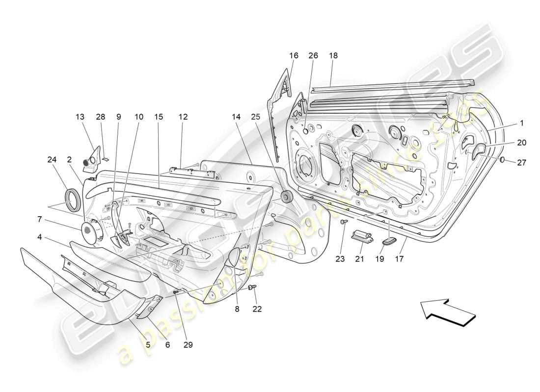 maserati grancabrio mc (2013) portes avant : diagramme de pièces des panneaux de garniture