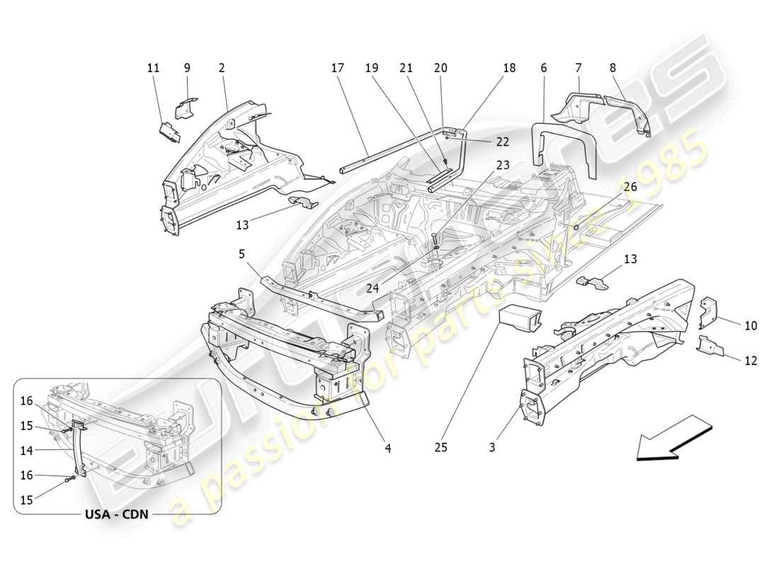 maserati grancabrio mc (2013) schéma des pièces des cadres structurels avant et des panneaux en tôle