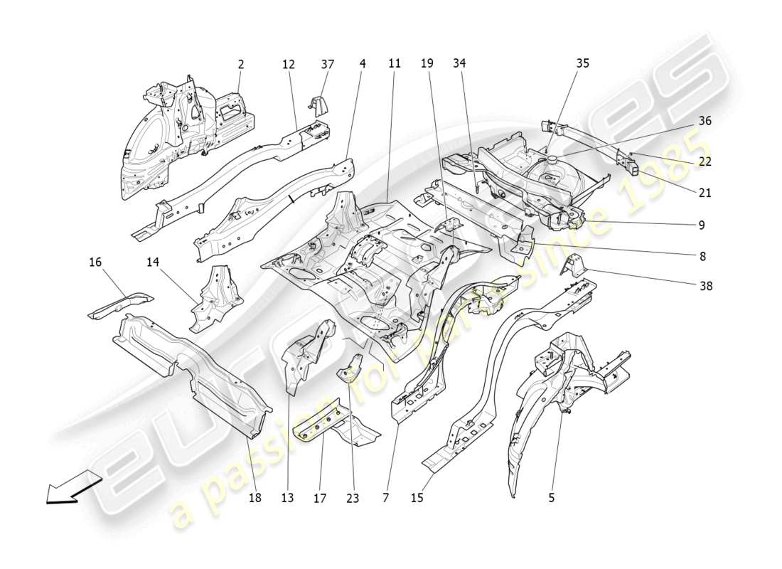 maserati levante modena (2022) schéma des pièces des cadres structurels arrière et des panneaux en tôle