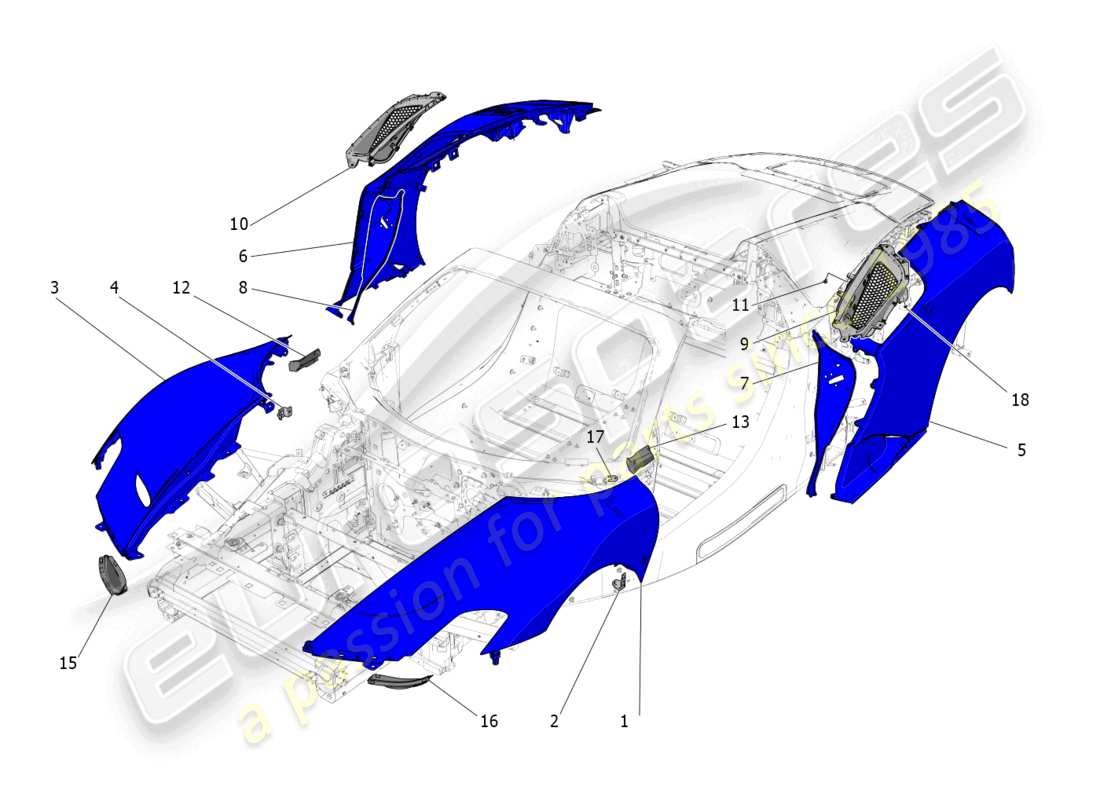 maserati mc20 cielo (2023) revêtement extérieur schéma des pièces
