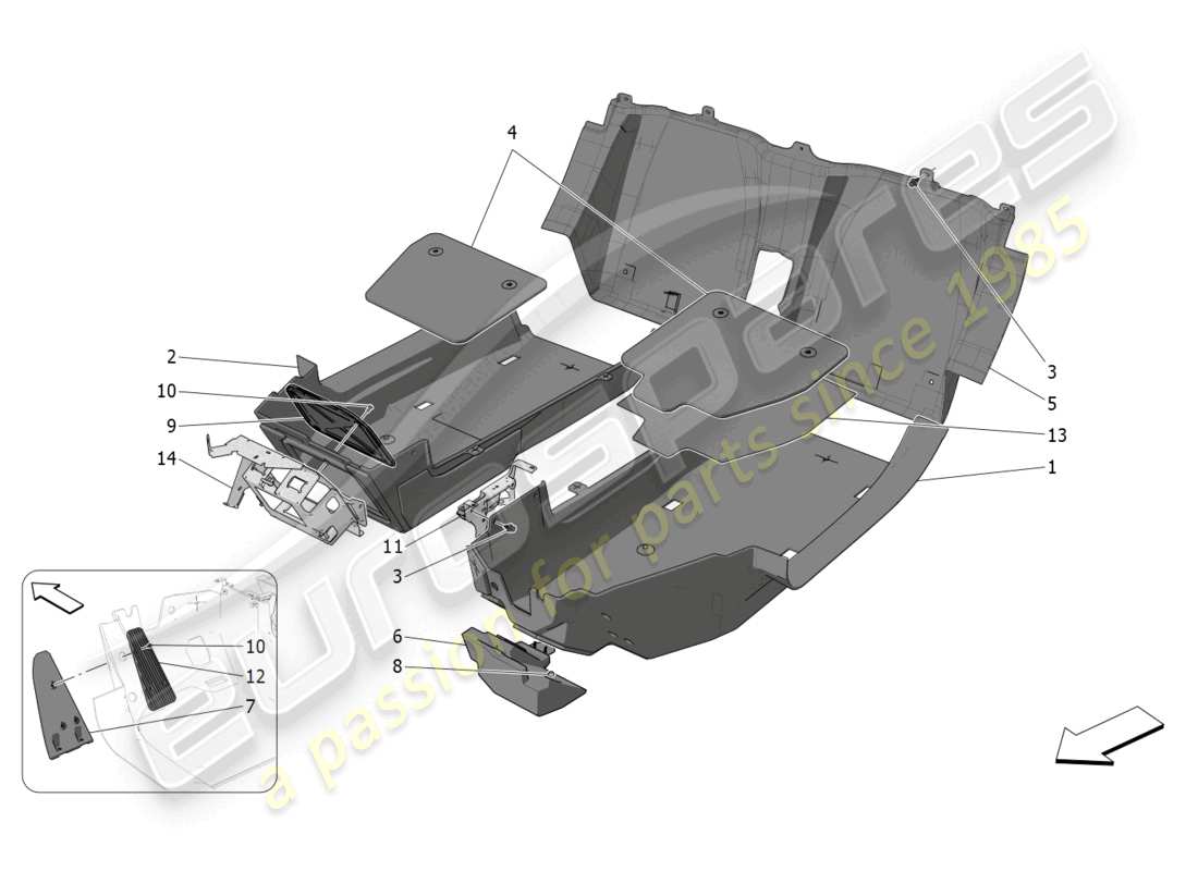 maserati mc20 cielo (2023) tapis pour habitacle passagers schéma des pièces