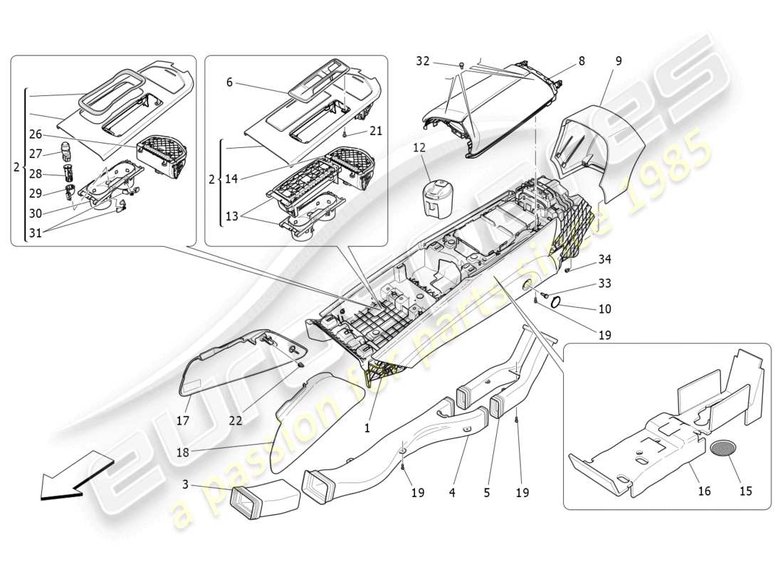 maserati ghibli (2014) console accessoire et console centrale schéma des pièces