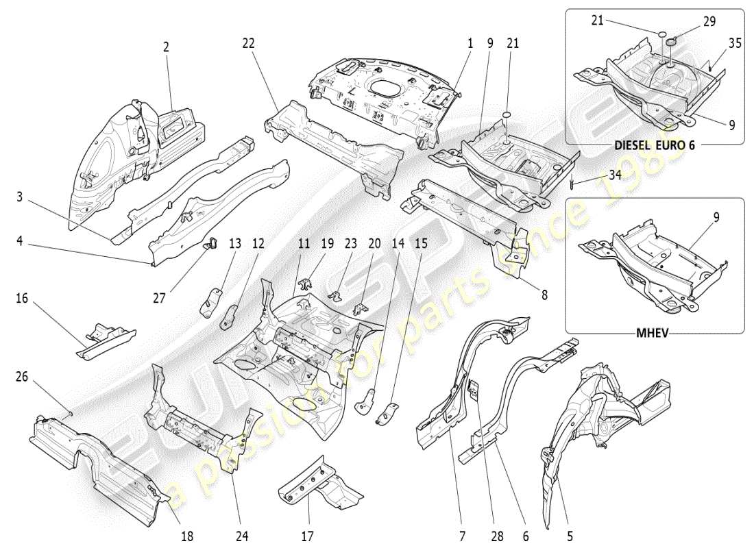 maserati ghibli (2020) schéma des pièces des cadres structurels arrière et des panneaux en tôle