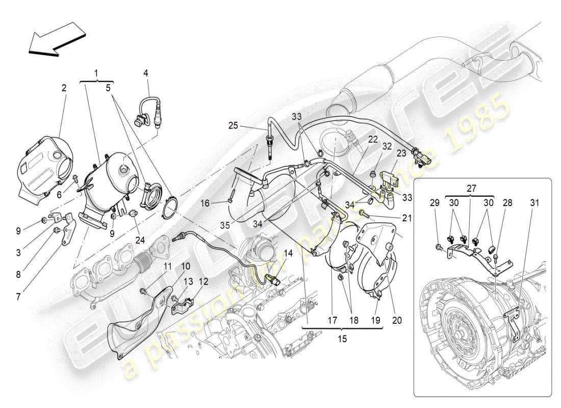 maserati ghibli (2020) diagramme des pièces des convertisseurs pré-catalytiques et des convertisseurs catalytiques
