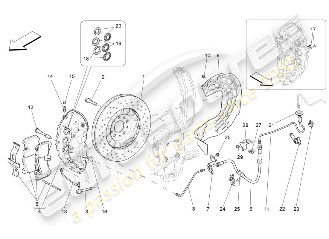 maserati levante (2019) dispositifs de freinage sur les roues avant schéma des pièces