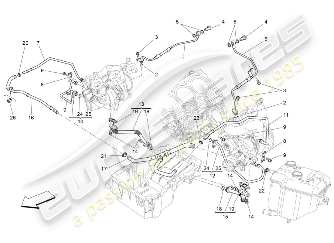 maserati ghibli (2018) système de turbocompression : lubrification et refroidissement schéma des pièces