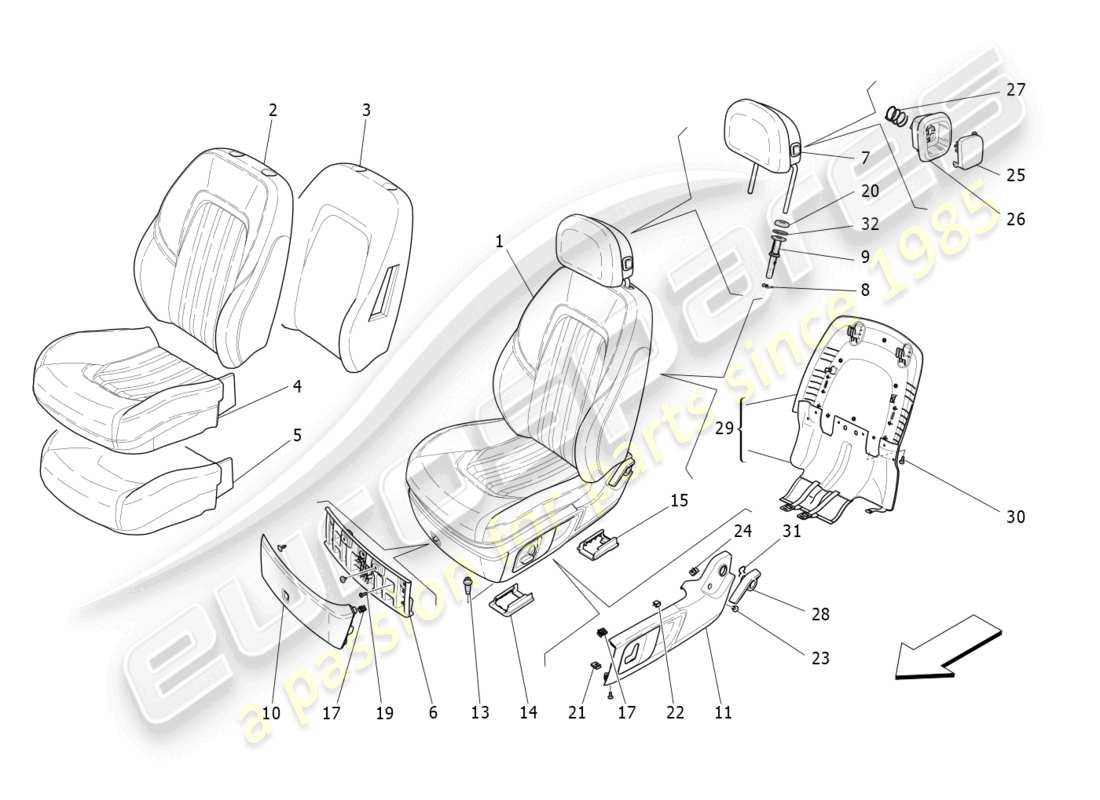 maserati levante gt (2022) sièges avant : diagramme de pièces des panneaux de garniture