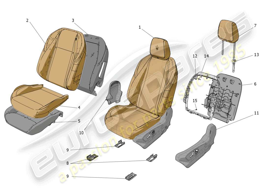 maserati grecale gt (2023) sièges avant : diagramme de pièces des panneaux de garniture