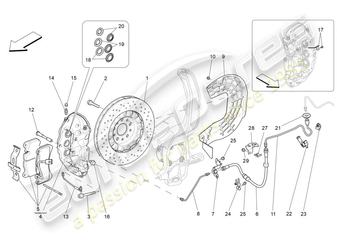maserati levante (2020) dispositifs de freinage sur les roues avant schéma des pièces