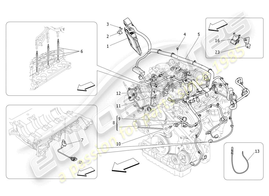 maserati ghibli (2018) commande électronique : diagramme des pièces de commande d'injection et de synchronisation du moteur