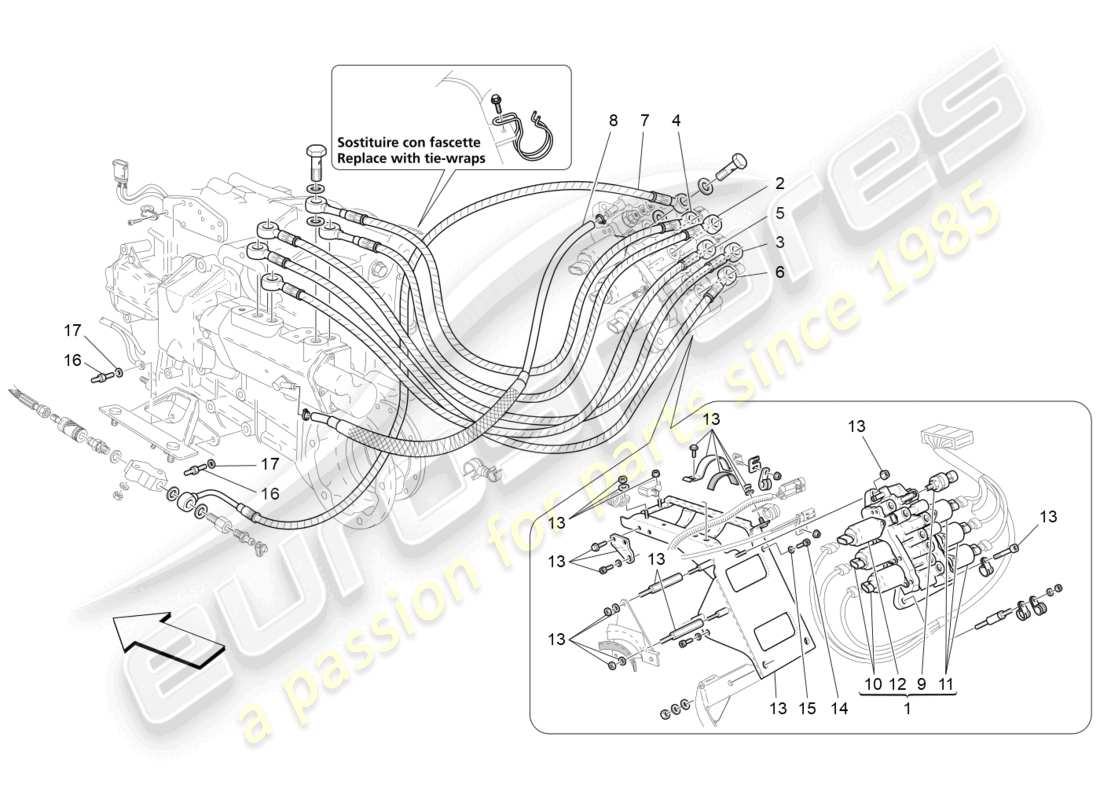 maserati granturismo mc stradale (2011) système hydraulique d’activation de la boîte de vitesses : diagramme des pièces du groupe motopropulseur