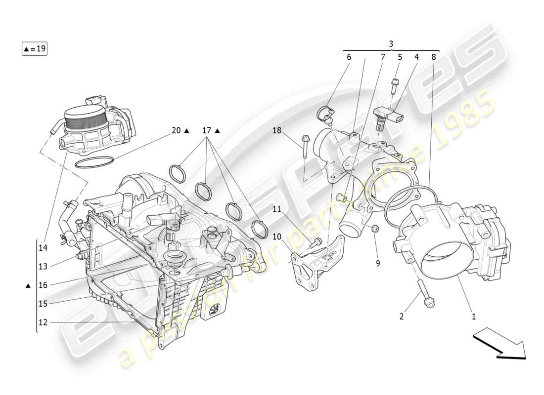 maserati levante gt (2022) schéma des parties du collecteur d'admission et du corps de papillon