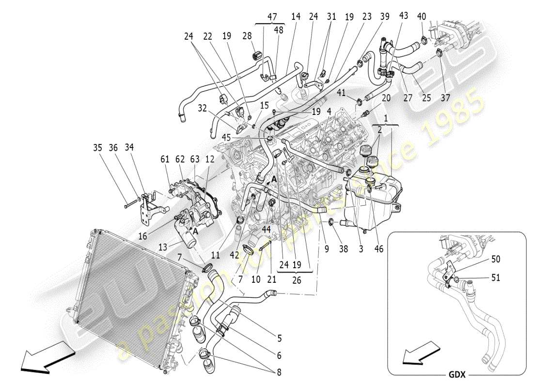 maserati ghibli (2019) système de refroidissement : diagramme de pièces nourice et lignes