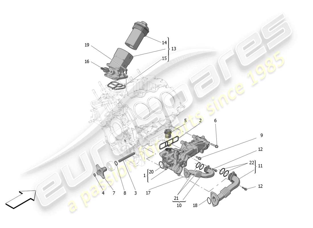 maserati mc20 (2022) système de lubrification : diagramme des pièces de la pompe et du filtre