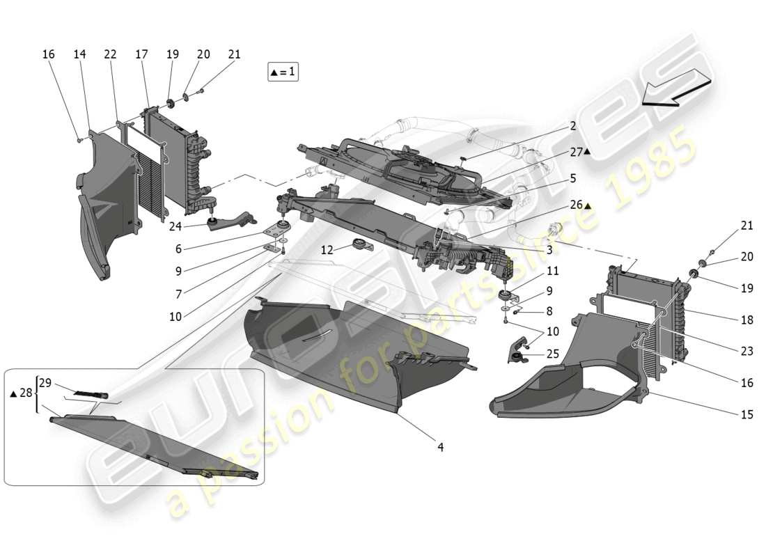 maserati mc20 (2023) refroidissement : diagramme de pièces des radiateurs et des conduits d'air
