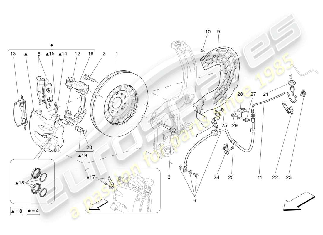 maserati levante (2018) dispositifs de freinage sur les roues avant schéma des pièces