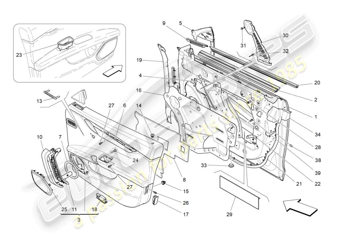 maserati ghibli (2018) portes avant : diagramme de pièces des panneaux de garniture