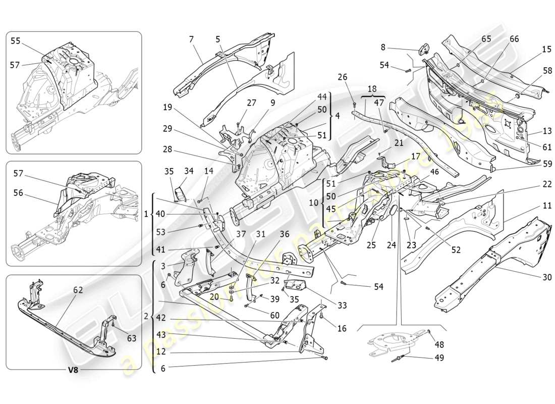 maserati ghibli (2018) schéma des pièces des cadres structurels avant et des panneaux en tôle