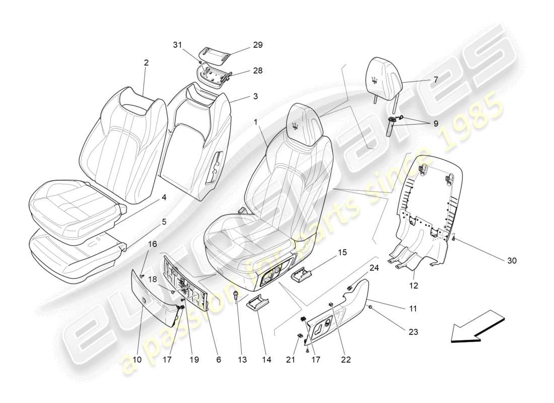 maserati ghibli (2017) sièges avant : diagramme de pièces des panneaux de garniture