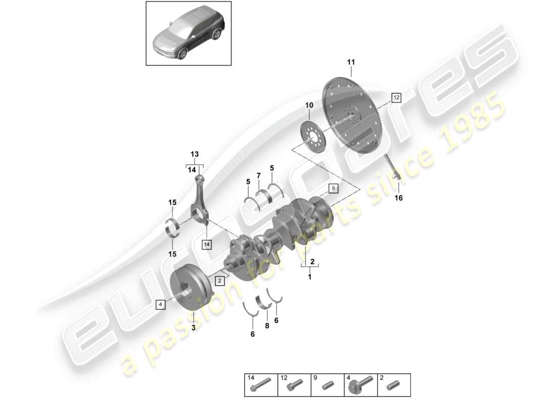 porsche 2021 (cayenne e3 9ya/9yb) schéma des pièces de la bielle du vilebrequin et du disque d'embrayage