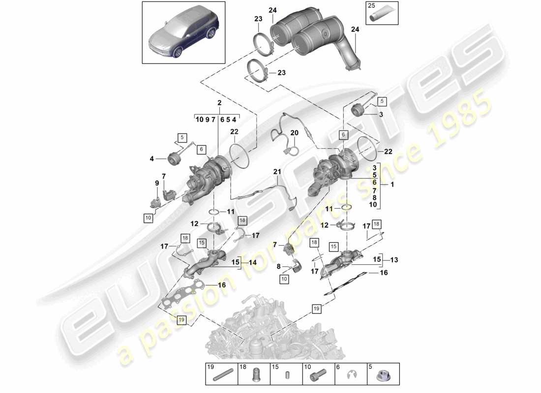 porsche 2021 (cayenne e3 9ya/9yb) turbocompresseur à gaz d'échappement collecteurs d'échappement sonde lambda schéma des pièces