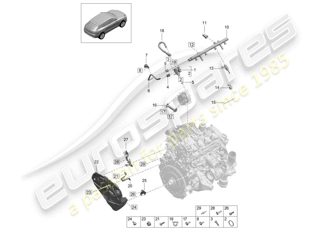 porsche 2021 (macan) schéma des pièces du tuyau de collecte de carburant, de l'injecteur haute pression et de la pompe haute pression