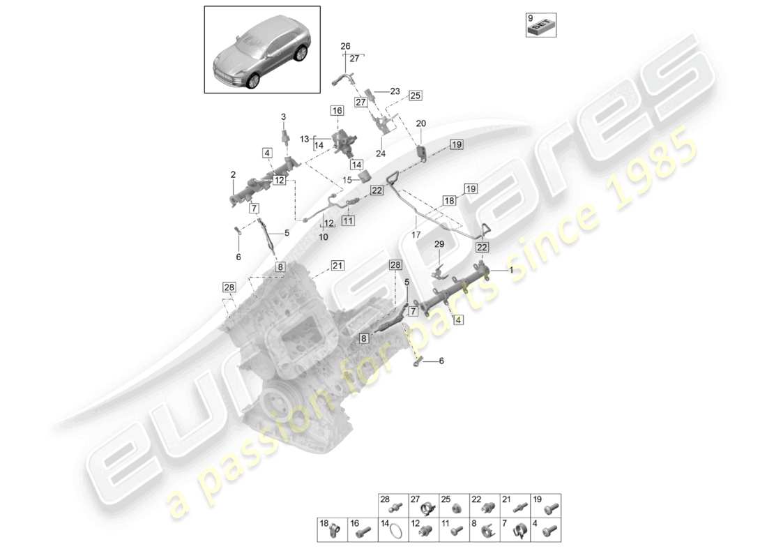 porsche 2021 (macan) schéma des pièces du tuyau de collecte de carburant, de l'injecteur haute pression et de la pompe haute pression