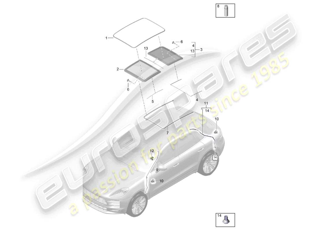 porsche 2021 (macan) accessoires de toit en verre couvercle tuyau d'évacuation d'eau diagramme des pièces