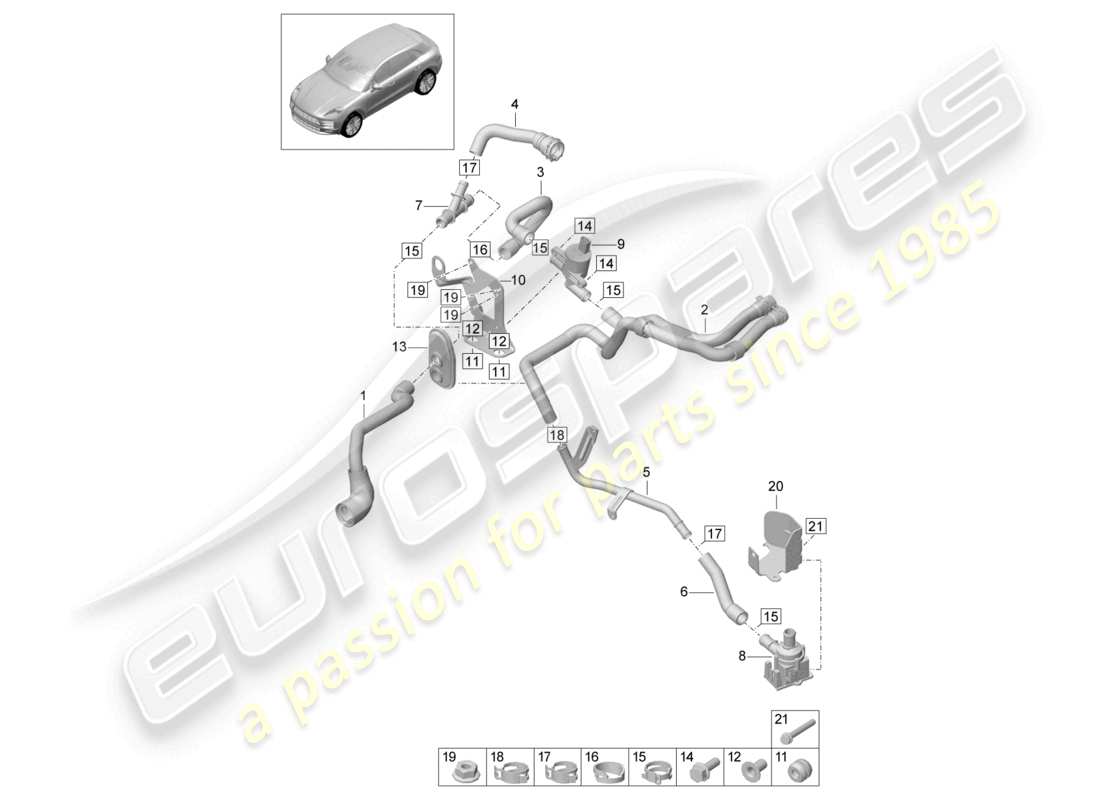 porsche 2021 (macan) schéma des pièces du réchauffeur r4 tfsi ; 2,0l boîte à eau