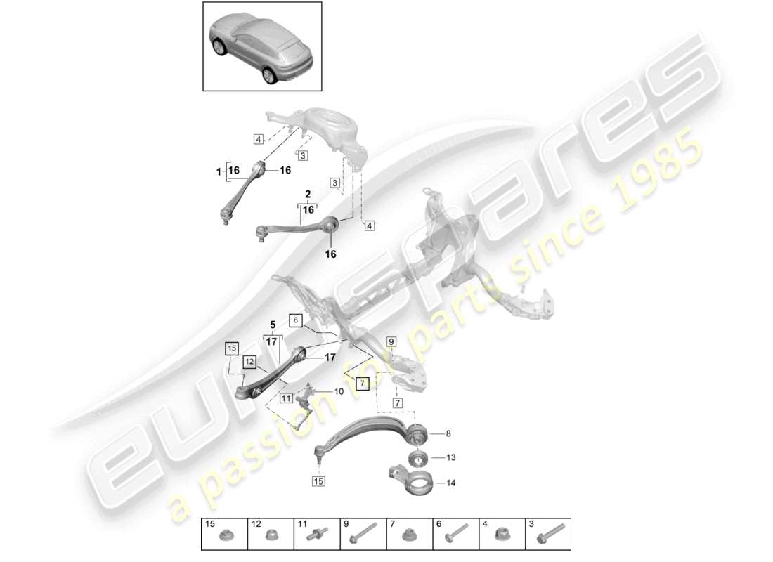 porsche 2021 (macan) schéma des pièces du capteur de niveau de guidage du bras de suspension